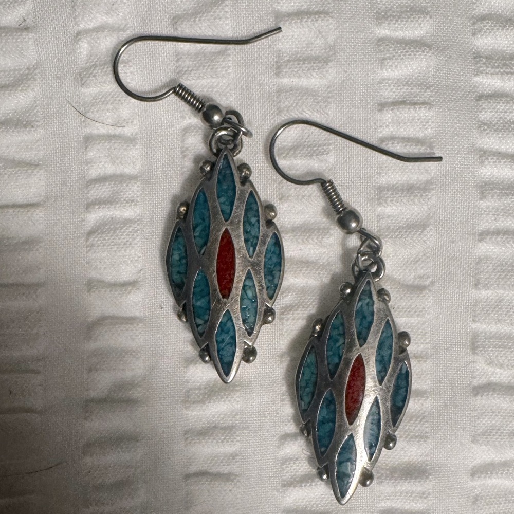 Turquoise and Red Mosaic Inlaid Silver Earrings